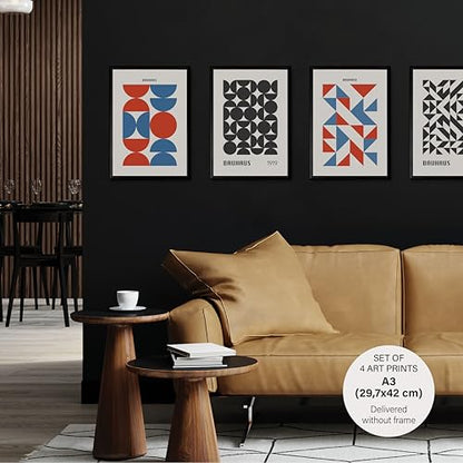 Studio Moien Bauhaus Vintage Poster Set - 4 Art Prints in Blue, Red, Black, White, Beige - Wall Arts - Unframed 250 gsm Matt Museum Quality (DIN A3 (29.7 x 42 cm)