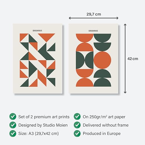 Studio Moien Bauhaus Vintage Poster Set - 2 Art Prints in Orange and Green - Wall Arts - Unframed 250 g/m2 Matt Museum Quality (DIN A3 (29.7 x 42 cm)