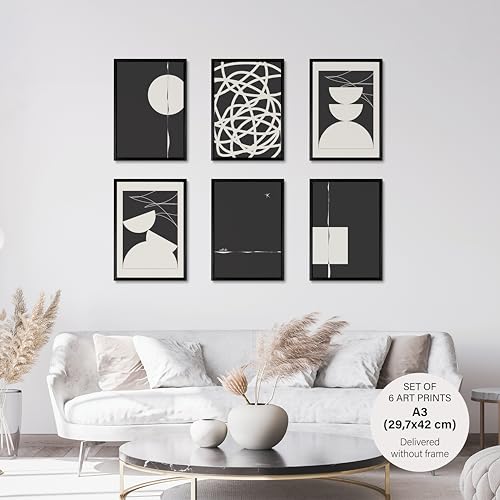 Studio Moien Abstract Black and White Vintage Poster Set - 6 Art Prints in Black, White, Beige - Wall Arts - Unframed 250 gsm Matt Museum Quality (DIN A3 (29.7 x 42 cm)