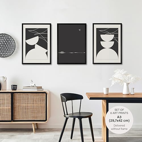 Studio Moien Abstract Black and White Vintage Poster Set - 6 Art Prints in Black, White, Beige - Wall Arts - Unframed 250 gsm Matt Museum Quality (DIN A3 (29.7 x 42 cm)