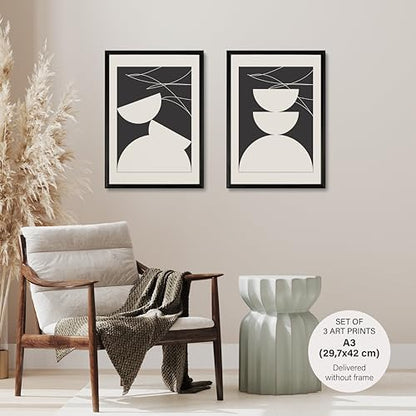 Studio Moien Abstract Black and White Vintage Sophistication Poster Set - 3 Art Prints in Black, White, Beige - Wall Arts - Unframed 250 gsm Matt Museum Quality (DIN A3 (29.7 x 42 cm)