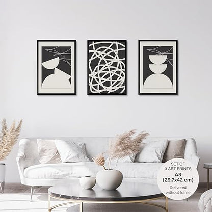 Studio Moien Abstract Black and White Vintage Sophistication Poster Set - 3 Art Prints in Black, White, Beige - Wall Arts - Unframed 250 gsm Matt Museum Quality (DIN A3 (29.7 x 42 cm)