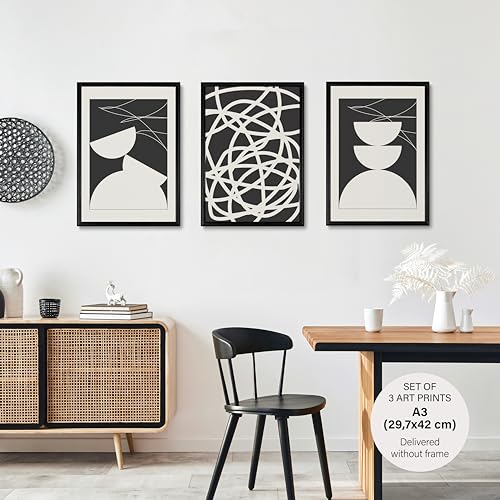 Studio Moien Abstract Black and White Vintage Sophistication Poster Set - 3 Art Prints in Black, White, Beige - Wall Arts - Unframed 250 gsm Matt Museum Quality (DIN A3 (29.7 x 42 cm)