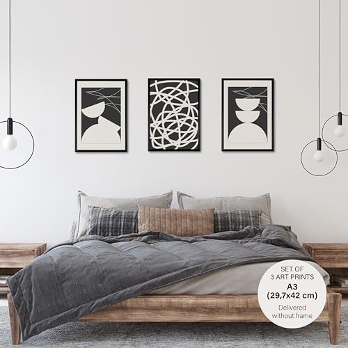 Studio Moien Abstract Black and White Vintage Sophistication Poster Set - 3 Art Prints in Black, White, Beige - Wall Arts - Unframed 250 gsm Matt Museum Quality (DIN A3 (29.7 x 42 cm)