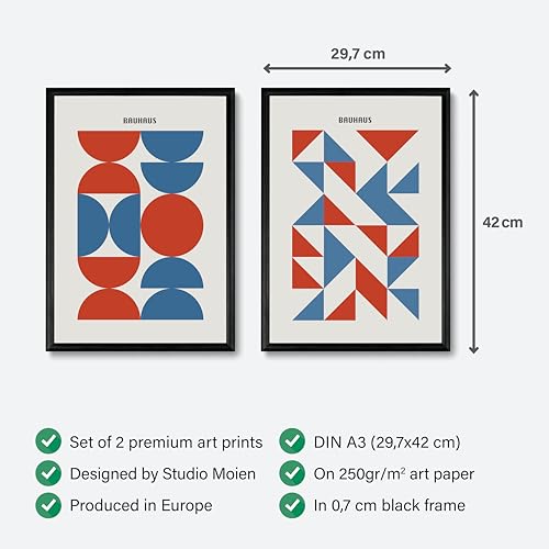 Studio Moien Bauhaus Vintage Poster Set - 2 Art Prints in Blue and Red - Wall Arts - 250 gsm Matt Museum Quality - DIN A3 (29.7 x 42 cm) - Black Framed