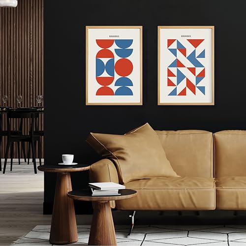 Studio Moien Bauhaus Vintage Poster Set - 2 Art Prints in Blue and Red - Wall Arts - 250 gsm Matt Museum Quality - DIN A3 (29.7 x 42 cm) - Oak Framed